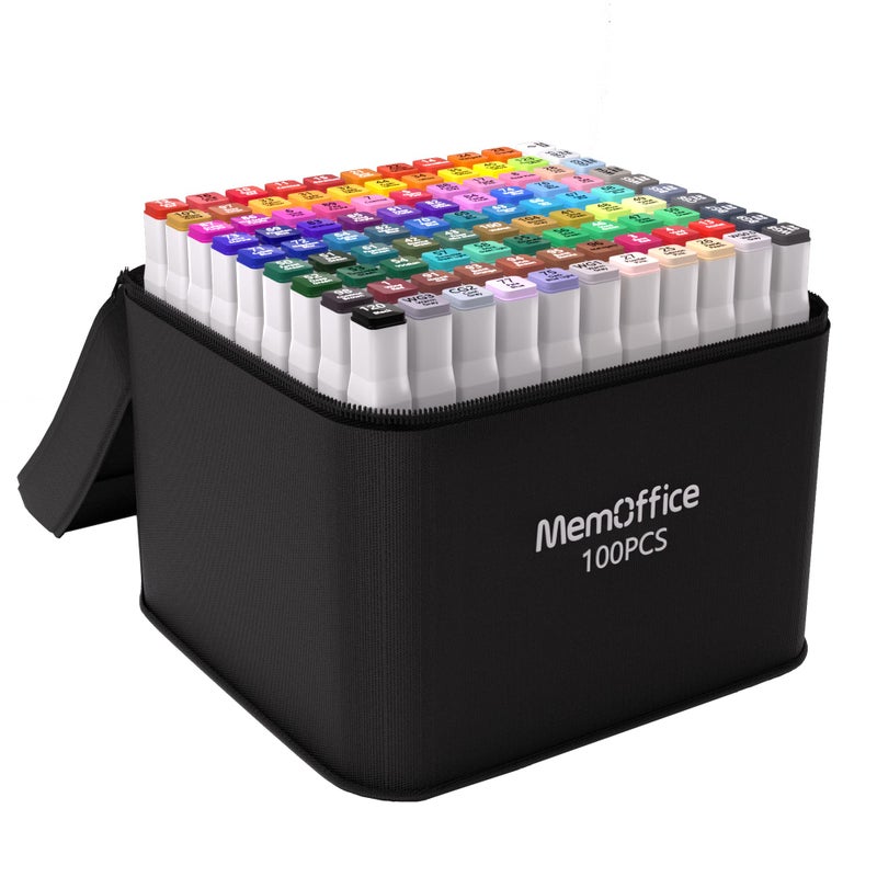 MemOffice 100 Colors Dual Tip Artist Alcohol Markers Set with Carrying Case - Perfect for Coloring, Drawing, Sketching, Card Making and Illustration - Perfect for Adults - Image 1
